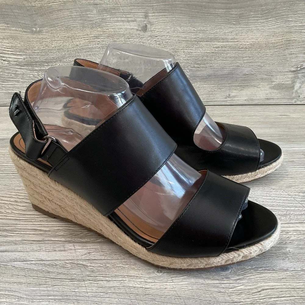 Vionic Brooke Black Leather Espadrille Wedge Beautiful Sandals Women's Size 10 M